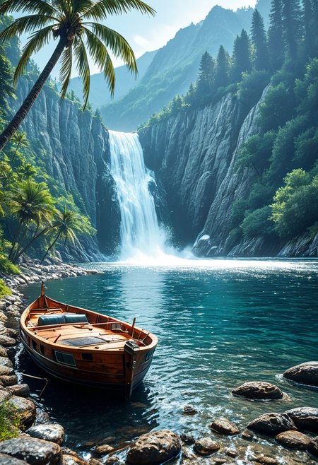 SmoothNoob_Quality, no humans, lake, boat, caustics, day, dock, forest, horizon, island, landscape,nature, outdoors, palm tree, scenery, shallow water, shore, tree, water, watercraft, waterfall, waves, <lora:Smooth_Booster:0.5>​​​