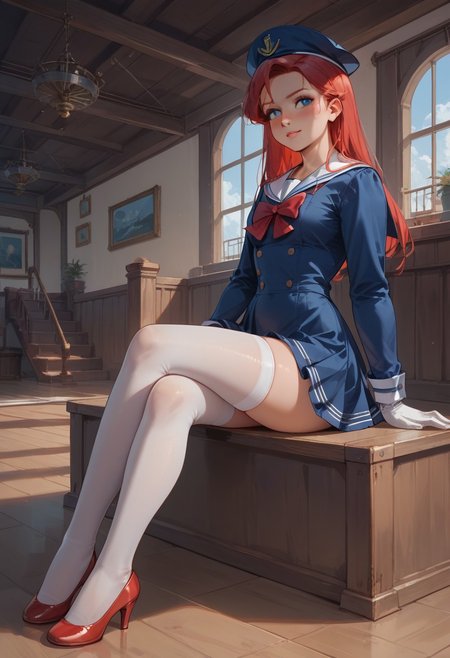 score_9, score_8_up, score_7_up, source_cartoon, angled view, solo, 1girl, ArielWaifu, long red hair, blushing, indoors, Jed-Salr, Navy Blue Mini Dress, White Trim,  White Sailor Collar,  Nautical Stripes,  White Thigh-High Stockings, Red Heels, Sailor Hat,  White Gloves, Sailor Cuffs, White Petticoat, sitting, legs crossed, inside of wooden ship,
