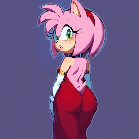 core_9, score_8_up, score_7_up, score_6_up, masterpiece, best quality, high quality, detailed, female, perfect anatomy, detailed skin, cute face, cute lips, detailed eyes, shaded, amy_rose, small breasts, thighs, big ass, plunging neckline, side slit, red dress, collar, pelvic curtain, white evening gloves, night club, looking at viewer, blushing, rear view, ng_deepnegative_v1_75t, easynegative