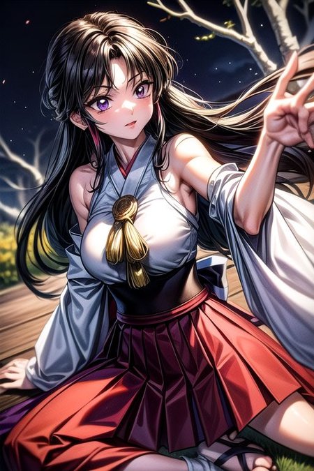 masterpiece,  best quality 1girl Setsun4 solo long hair,  (night time) forest background black hair very long hair purple eyes multicolored hair armor (fur trim) (medium body),<lora:EMS-179-EMS:0.800000>,<lora:EMS-293862-EMS:0.800000>ascot, bare shoulders, black footwear, detached sleeves, embellished costume, frills, japanese clothes, nontraditional miko, red skirt, sandals, sarashi, skirt, socks, armor, miko