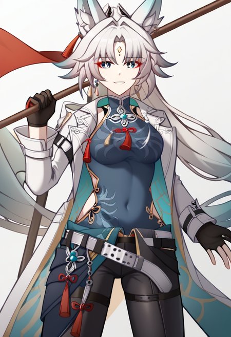 <lora:feixiao:1>,leotard,cowboy_shot,smile,open_coat,polearm,white_coat,gloves,covered_navel,earrings,1girl,looking_at_viewer,white_background,solo,medium_breasts,holding_flag,belt,pants,feixiao_(honkai:_star_rail),