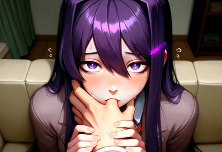 1girl, yuri \(doki doki literature club!\), tall girl, finger in mouth, naturalistic skin, acne, (sweat drops:0.9), realistic skin, , 
1boy, POV, boy, school uniform,;
first date, sitting on sofa, living room, glance,  guiding hand, staring, 
sublime psychological horror, disturbing, subtly eerie, spooky, uncanny valley, dim moonlight ,
oil painting \(artwork\),   extreme detail, absurdres,  subsurface scattering, 
  masterpiece, best quality, good quality, detailed, 
<lora:748cmXLNBVP1lokrV6311P:0.4>  <lora:illustriousXL_stabilizer_v1.23:0.25>  <lora:spo_sdxl_10ep_4k-data_lora_webui:0.7>  <lora:sd_xl_dpo_lora_v1:1.2>