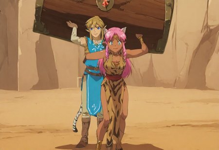 Pink_DragonPink, 1girl, sleeveless dress, white tiger print dress, pelvic curtain, cleavage, white tiger tail, red sash, small breasts, leather shoes, masterpiece, very aesthetic, smiling wide, <lora:pink-illustrious:1>, 
Break
1boy,Anime screencap,link (zelda),blonde hair,blue eyes,pointy ears, low ponytail, sidelocks, wearing blue hyilian tunic, 
Break
Hyrule dungeon interior, super_strength, pink_dragonpink holding an ornate treasure chest, over head, hands up, over her head like an item