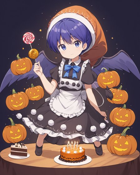 doremy sweet,1girl, solo, witch_hat, halloween, tapir_tail, jack-o'-lantern, cake, looking_at_viewer, candle, striped, waist_apron, basket, pom_pom_\(clothes\), wings, lollipop, pumpkin, short_sleeves, black_dress, simple_background, bow
<lora:doremy_sweet_image2053_2023-12-20-000010:1>,star-shaped_pupils,symbol-shaped_pupils,. gorgeous,key visual, vibrant, studio anime,award-winning, professional, highly detailed,high budget, cinemascope