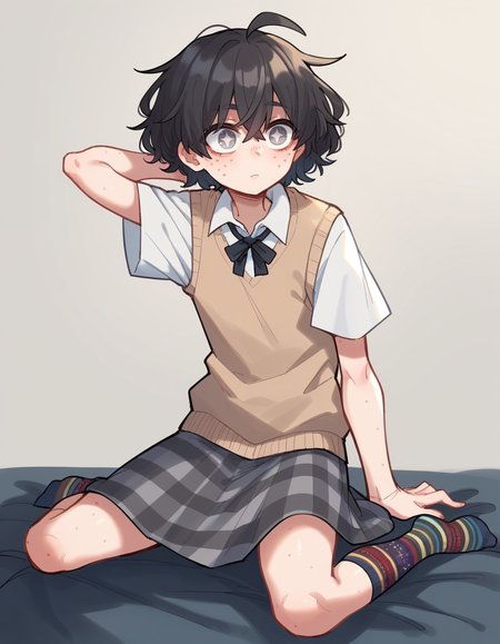score_9, score_8_up, score_7_up, score_6_up, score_5_up, score_4_up, solo, 1girl, solo,
<lora:Popoka_v3:0.8> ppka, blind girl \(popopoka\), black hair, short hair, messy hair, ahoge, freckles, grey eyes, empty eyes, blind, white shirt, beige sweater vest, plaid skirt, grey skirt, odd socks, different socks, ,
sparkling eyes, arm_behind_head,