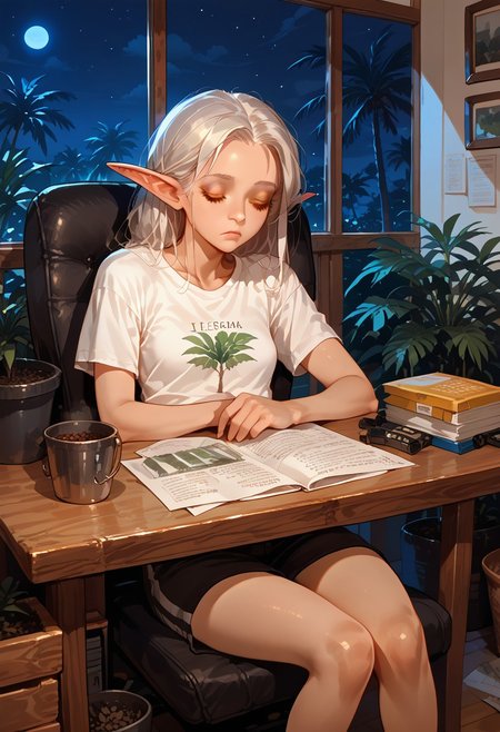 score_9, score_8_up, score_7_up, score_6_up, Frieren, elf ears,  , small breasts, t-shirt, working, exhausted, night, plants, table, chair, sleeping, palms on head