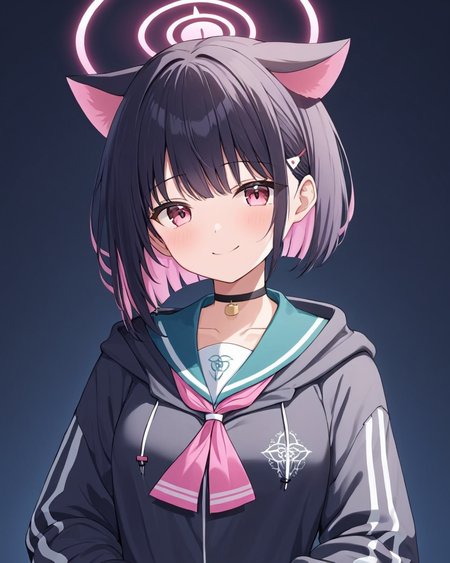 kazusa \(blue archive\),1girl, solo, halo, hairclip, smile, black_choker, upper_body, hooded_jacket, looking_at_viewer, blush, pink_neckerchief, sailor_collar, long_sleeves, hood_down, holding_cup, hoodie
<lora:kazusa_(blue_archive)_image2363_2023-11-28-000006:1>halo. gorgeous,key visual, vibrant, studio anime,award-winning, professional, highly detailed,high budget, cinemascope