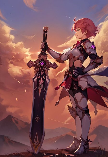 score_9, score_8_up, score_7_up,
source_anime, 
1girl, solo, 
planted-sword, holding sword, pose, resting stance, shortstack, 
greatsword, giant_sword, one-handed, one hand holding weapon, other hand resting at hip, perfect face, short hair, light armor, side view, side profile, 
cloud, sunset, wind, 
fantasy background, concept art, Expressiveh, 
 <lora:planted_sword:1>