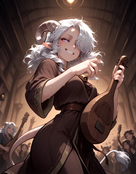 from below,from side,lute,playing lute,masterpiece,best quality,1 girl,cowboy shot,on stage,tavern,head down,grin,holding instrument,open eyes,tiefling,tail,anime,pointy ears,tiefling,silver hair,ivory sheep horn,silver long wavy hair,bell necklace,short pointy ears,purple eyes,tiefling_bard_diana:1.2,hair over one eye,braid,<lora:Tiefling_bard_Diana_v2:1>  cow tail:1.4,floating hair, dynamic pose,dancing,sweat,head tilt,head_back, looking at viwer,  crowd,