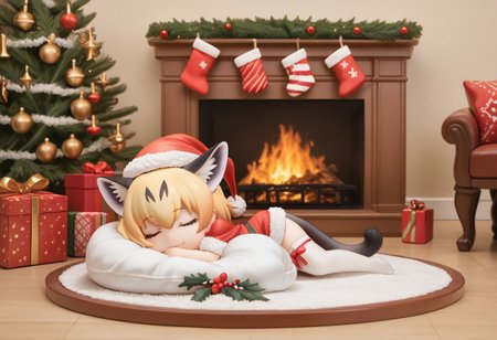 1girl, ((solo)), best quality, ultra-detailed, extremely detailed, perfect anatomy, masterpiece, score_9, score_8_up, score_7_up, Expressiveh, sand cat \(kemono friends\), 1girl, cat girl, cat ears, blonde hair, short hair, cat tail, christmas tree, christmas decoration, christmas ornaments, underneath Christmas tree background, indoors, santa cosplay, santa outfit, santa hat, santa's sack, Christmas outfit, giant sack of presents, fully clothed, Christmas themed thighhighs, thighhighs, elbow gloves, bowtie, santa's sack of presents, red ribbon collar, Christmas presents, Christmas themed, living room, fireplace, (chibi), cute, adorable, closed eyes, sleeping, smiling, laying on side, side view, tail_accessory, mistletoe_on_tail, mistletoe, closeup,