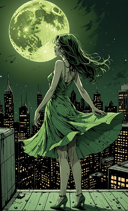 ink illustration, hauntingly sad scene of a woman dancing on her own on the roof of a skyscraper under a Green moon, the woman's Green dress and moon are the only splashes of color, ink splashes, rough ink sketch, moody, gloomy, dark picture, high contrast, stylized, ultra detailed(Very Intricate), <lora:Dices_real_style_cartoon:0.6>, Ultra Realistic, cartoon, 3D UHD,