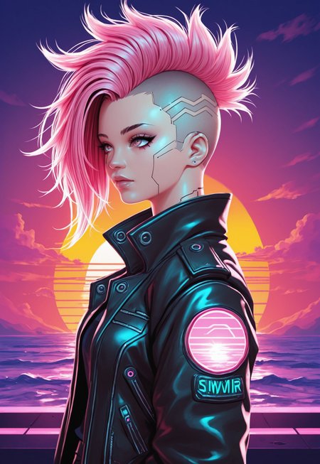 synthworld, synthwave, girl, cyberpunk, undercut, long hair, black jacket, sunset