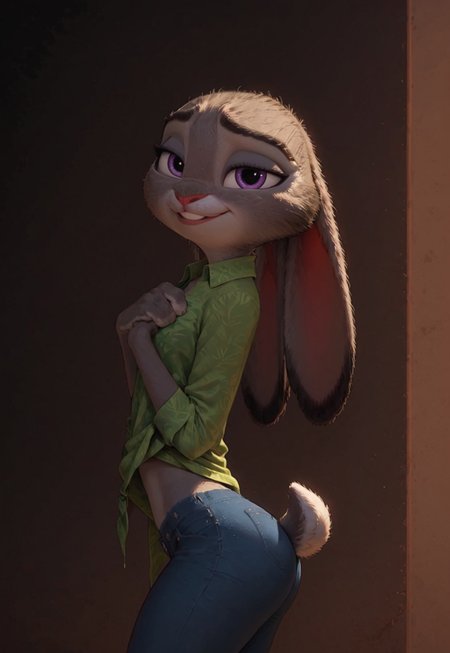 safe_pos, score_9, score_8_up, score_7_up, (Expressiveh:0.8), 
BREAK
(Judy Hopps, Zootopia:1.1),
BREAK
girl 24yo, solo, 1girl, Judyhopps, sexy bunny girl, sexy pose, perfect face, focus on furry, seductive, side view, looking at viewer, blue jeans, lifting shirt slightly to expose stomach, plain light green shirt, smirking, standing, toned, thin waist,
