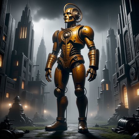 giant bipedal robot dirty yellow and dark amber, bronze paisley robot. lacy robot UFO head. outside of a steampunk keep. large detailed torso. dark image. one forty foot tall ancient robot with great arms and two heavy spring legs. dark foggy night background. $dark foggy night image only. dark photo realistic image. steampunk details. cogs, chains and pipes incorporated in the fantasy buildings. magic wizards tower in background. Dark swamp, moss, castle ruins, wizards tower. stormy dark night.  Lightning sky