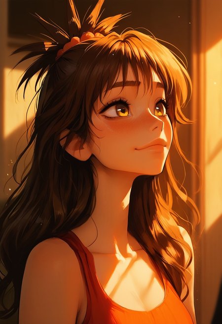 Source_anime, a woman, cute perfect face, (score_9, score_8_up, score_7_up), 1girl, 21 years old, y_mikan,brown hair,long hair,yellow eyes,hair ornament,hair bobbles, close up, long slender legs, perfect round butt, narrow waist, gorgeous girl, kawai girl, blush, blush nose, blushing, glitter makeup,  athletic body, long body, collarbone, blush nose, red scrunchie, cute blush, teardrop breasts, blushing, medium breasts, perky breasts, shy, smiling, detailed background, perfect hips, hipbone, cute face, cute girl, (slim fit), candid,  blurry background, light particles, ethereal, rating_explicit, dynamic angle, ncpy13