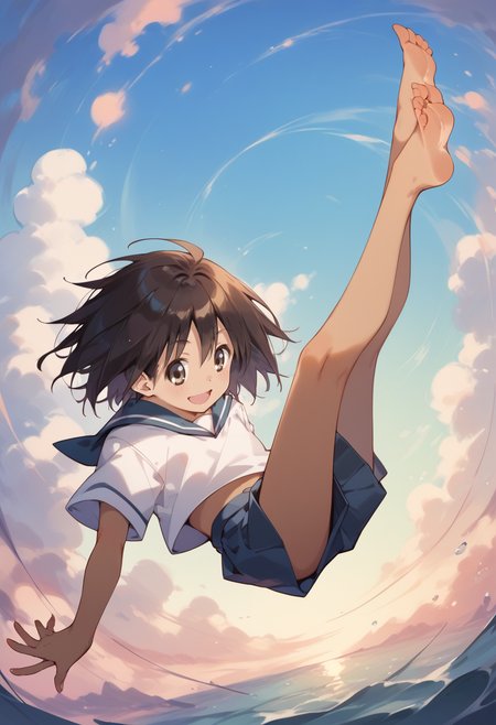 score_9, score_8_up, score_7_up, best quality, masterpiece, source_anime, zPDXL2, BREAK , 1girl, solo,  sekiuchi maria tarou, serafuku, barefoot ,dark skin,  Leaning back, mimicking a limbo dance ,   <lora:sekiuchi_maria_tarou:1>