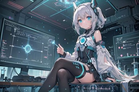 (masterpiece), (science fiction:1.4), 1girl, sitting, smile, silver hair, aqua eyes, headgear, long sleeves, detached sleeves, glowing energy clothing, light particles