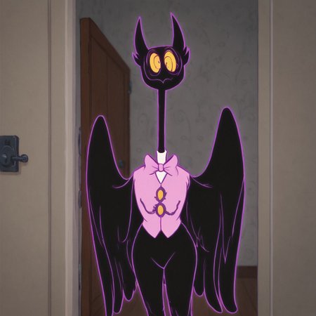 score_9, score_8_up, score_7_up, indoors, long dark hallway, doors, wall BREAK, Barnaby, owl, extremely  pink bow, wings, black body, purple glowing outline, pink bow tie, pink vest, white collared shirt, cuffed sleeves, long neck, bendable neck, anthropomorphic, solo, bowing, greeting the viewer, thick thighs, bottomheavy, wide hips,