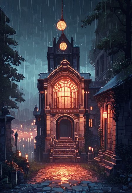 score_9, score_8_up, score_7_up,soft shadows, dark,night,cloudy, rain,storm, heavy rain, heavy-rain BREAK
no humans, mansion, trees, lights inside building, lanterns, beautiful lawn, fountains in front of building, brick walls, wet, wet ground, pixel art, 64bits
<lora:Pony_DetailV2.0:1.0>  <lora:Rain (pony) v1:1>