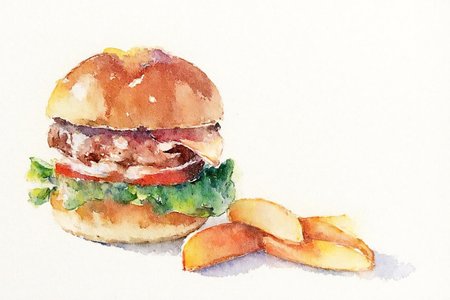 watercolor. 
A burger and fries. The burger, positioned slightly to the left and centered, has a golden-brown bun, a layer of creamy sauce, a slice of tomato, lettuce, and a burger patty.
 <lora:watercolor1_nbm_cap_d6a3e12:1.0><lora:838774978246646988:0>