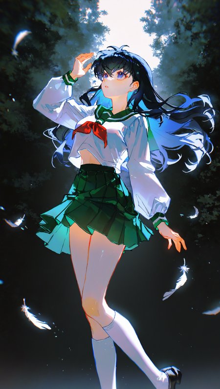 (artist:[|diyokama|fuzichoco|yoneyama mai|lam \(ramdayo\)|quasarcake]:0.8), (takahashi rumiko \(style\):1.2),
higurashi kagome, inuyasha, artist:niukou kouzi, 1girl, long hair, black hair, solo, green skirt, long sleeves, black footwear, white shirt, pleated skirt, serafuku, white socks, loafers, blue eyes, kneehighs, green sailor collar, full body, parted lips, looking up, colored inner hair, arm up, red neckerchief, falling feathers,
dark, backlighting, outdoors, scenery,
masterpiece, best quality, very awa, absurdres
<lora:noobai_vpred_1_inuyasha_v1:1>
<lora:noobai_vpred_1_masterpieces_v1:1>