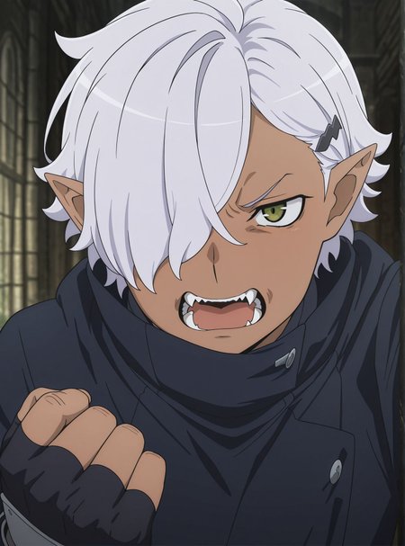 masterpiece,best quality,amazing quality,very aesthetic,absurdres,newest, huge filesize, <lora:spo_sdxl_10ep_4k-data_lora_webui:0.5>, <lora:add-detail-xl:1> 
fullmetal alchemist, official art, 
BREAK
<lora:DANMACHI_V3:1>DANMACHI_V3,
solo,pointy ears, D_Hogni
dark skin,green eyes,
1boy,hair over one eye,
gloves,male focus,
hair ornament,white hair,
fingerless glovesopen mouth,
hairclip,fangs,
anime coloring,
d_hogni,