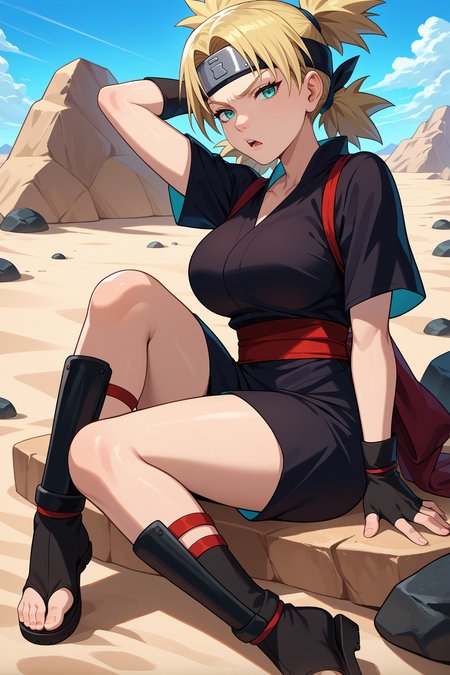 score_9, score_8_up, score_7_up, score_6_up, source_anime, 1girl, solo,  <lora:temari-pdxl-nvwls-v1-000007:1> tmri, blonde hair, short hair, cyan eyes, forehead protector, black kimono, short sleeves, red sash, black gloves, fingerless gloves, large breasts, looking at you, sandals, toeless footwear, sitting, open mouth, annoyed, arm behind head, bored, rock, desert, blue sky, sand, from side