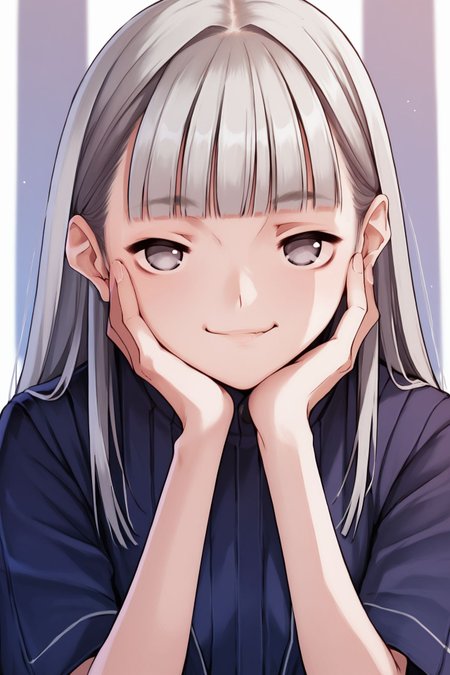 score_9, score_8_up, score_7_up, 1girl, smug, light_grey hair, blunt_bangs, white eyes, small breasts, hand on own face,  no light <lora:mino_tarou_loveplus_PonyXL_style_v01:1>