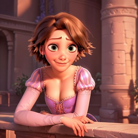 score_9, score_8_up, score_7_up, score_6_up, score_5_up, score_4_up, rating_questionable, 1girl, Rapunzel, leaning over a counter, in a castle, short hair, seductive smile, small breasts, cleavage
