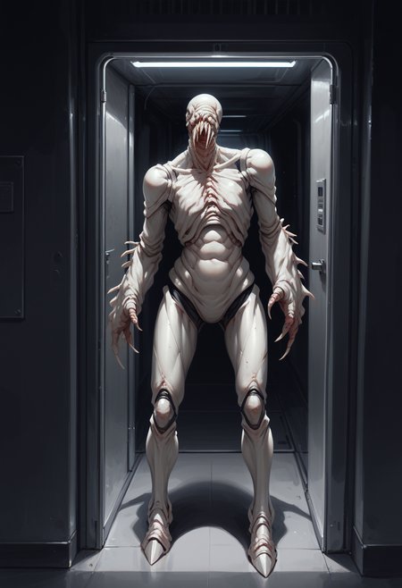 score_9, score_8_up, score_7_up, best quality, masterpiece, source_anime, zPDXL3, BREAK night,  <lora:ooseRE:1> monster, reooze, solo,  scifi spaceship corridor, futuristic corridor, metallic blast doors, industrial pipe, metallic walls, cold colors ,