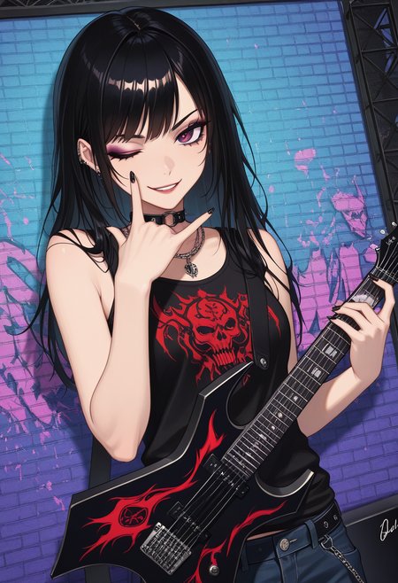 masterpiece, best quality, Graphic Design, color art, vibrant colors, colorful, intricate details, high contrast, detailed background, beautiful detailed, beautiful face, detailed eyes, detailed face, new, newest, w4rl0ck, instrument, electric guitar, holding instrument, 1girl, solo, long black hair, tank top, makeup, jeans, punk, stage, dutch angle, smirk, one eye closed, \m/, gesture, (upper body, perspective:1.4)