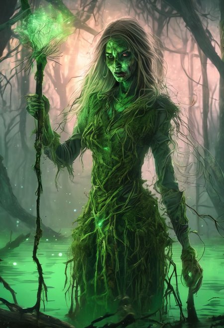 fantasy,medieval Russia fantasy,female druid,(zombie:1.3),(dynamic pose:1.3),entangled with roots,in a swamp,detailed background,(glowing nature magic:1.3),(glowing green eyes:1.1),(glowing green tattoos:1.1),tattered clothing,holding a stick,close up,midnight,(particle effects),floating magic particles, glowing dust
