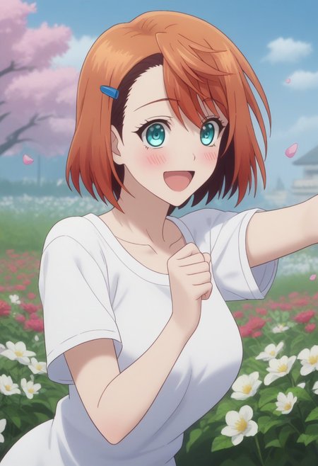 Chisaki, Hair Clip, Large Breasts, Cyan Eyes, Orange Hair, Short Hair,
(nsfw), (uncensored), (score_9), score_8_up, score_7_up, source_anime, cowboy shot, dynamic pose, 1 Female, solo, happy smile joy, blush, ashamed, shy, sexy, charming, alluring, seductive, enchanting, erotic, 
((outdoors)), ((flower garden)), ((flowers)), ((many flowers)), spring petals, petals of flowers, spring, falling petals, flying butterflies,