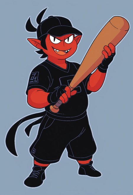 score_9, score_8_up, score_7_up, BREAK, 1boy, solo, red skin, black hair, black eyes, black baseball outfit, sportswear, ((no nose)), black baseball cap, black gloves, fingerless gloves, pointy ears, smile, open mouth, sharp teeth, fangs, holding baseball bat, looking at viewer, 