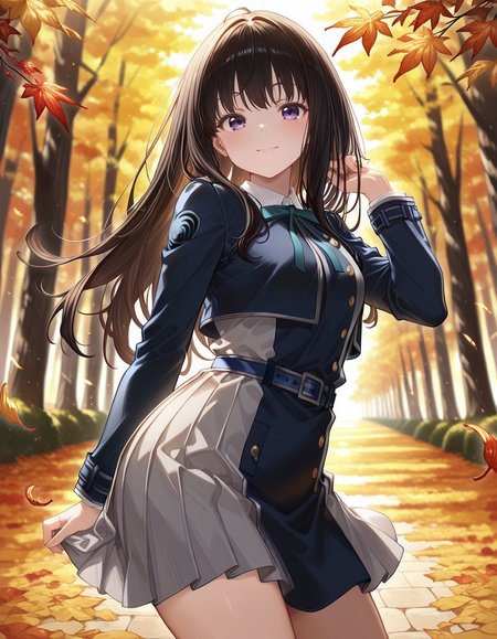 masterpiece, best quality, amazing quality, very aesthetic, absurdres, <lora:spo_sdxl_10ep_4k:0.5>, 
cute, (orange colors:1.4), (blurry background:1.2), high saturation, 
BREAK
1girl, solo, inoue takina, long hair, black hair, purple eyes, 
lycoris uniform, collared shirt, green neck ribbon, two-tone dress, blue dress, grey dress, pleated dress, long sleeves, blue belt, 
BREAK
smile, outdoors, depth of field, tree, blurry background, A forest landscape in autumn, covered in vibrant autumn leaves., 
standing, twisted torso, <lora:GBF_Illustrious:1>, gbf_style, <lora:vrchat:1>,