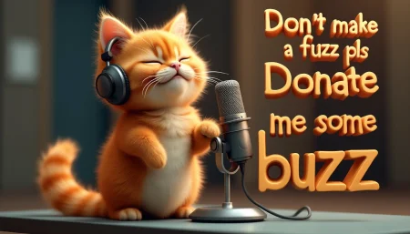 a poster of a fluffy orange cat in a modern recording studio Next to the cat in floating  in 3D style  the words ("Don't make a fuzz  pls Donate me some buzz"). The cat stands upright on two legs, wearing sleek, stylish headphones that sit comfortably over its ears. The cat's fur is a vibrant shade of orange, with subtle stripes running through it, giving it a lively and warm appearance. The cat's expressive brown eyes are closed in deep concentration as it sings the into a high-quality microphone.
The microphone is positioned at just the right height for the cat, who is holding it with one paw, while the other paw is slightly raised, as if conducting or emphasizing certain notes. The cat's tail curls gently behind him, adding to the sense of rhythm and engagement in the performance.
