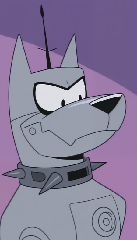 masterpiece,best quality,amazing quality, 1boy, solo, sentroS3, robot dog, silver skin, spiked collar, antenna, close up, side angle,