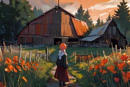 (otherworldly), highly insanely detailed, masterpiece, top quality, best quality, highres, 4k, 8k, RAW photo, (very aesthetic, beautiful and aesthetic), farm, fields, barn, fence, fantfa, <lora:FantasyFarm-10:0.5>, 
1girl, 
(pastel orange hair ,streaked hair), 
(dark background),âââ
