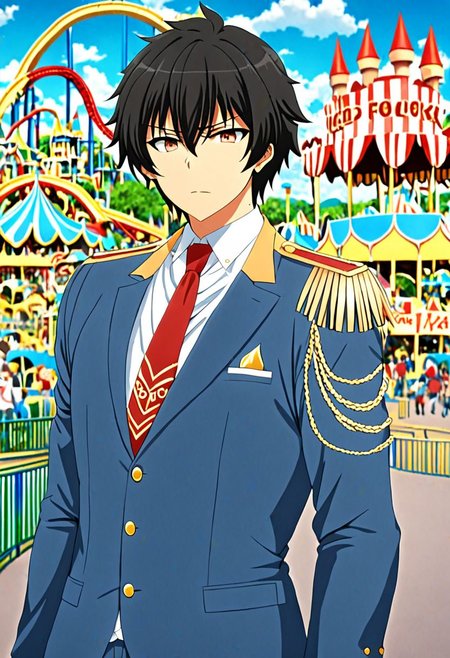 high resolution, solo, best quality, 1Boy, Seiya Kanie, black hair, short hair, Manager, Wihite Shirt, Blue Jacket, theme park, gold aiguillettes, red tie, OverallDetail