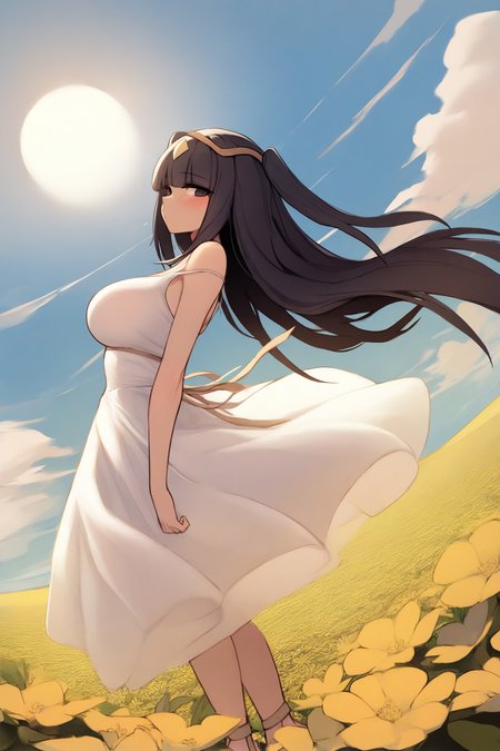 masterpiece, best quality, 1girl, solo, <lora:fetharja-illu-nvwls-v1-000005:1> dfThja, black hair, black eyes, two side up, tiara, white sundress, blue sky, sun, clouds, looking at viewer, from side, hair blowing in the wind, blush, dutch angle, large breasts, spaghetti straps, wide shot, sandals, field, flowers