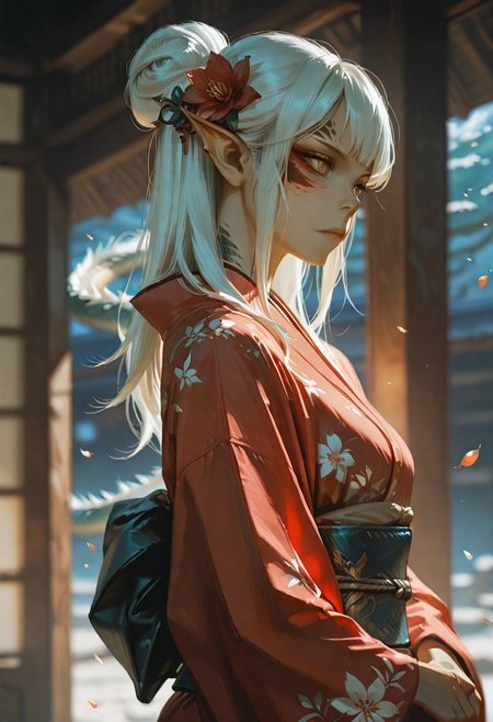 masterpiece, ultra-HD, cinematic lighting, photorealistic, impressionism (1.5), high detail, depth of field, (blurred background), (dramatic lighting),masterpiece, best quality, very aesthetic,8k, lae'zel, 1girl, gith (d&d), slit pupils, yellow eyes, facial mark , pointy ears, Dragon and girl, 1girl, dragon, japanese clothes, kimono, white hair, hair ornament, eastern dragon, blue eyes, red kimono, hair flower, hair bun, flower, sash, long sleeves, wide sleeves, obi, solo, petals, bangs, from side, floral print, single hair bun, closed mouth, sidelocks, long hair, red eyes, 
masterpiece, best quality, amazing quality, usnr,