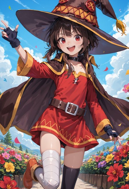 score_9,score_8_up,score_7_up,high quality,highres,masterpiece,colorful,vibrant,flower field,flower,+ +,smile,<lora:Megumin_Konosuba:0.8>,megumin,red eyes,brown hair,short hair,sidelocks,flat chest,black belt choker,fingerless black gloves,red short dress,off-shoulder dress,witch hat,black cape,bandaged leg,brown belt,black single thighhigh,boots,excited,