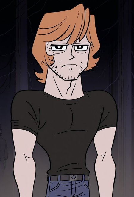 Cartoon source, official art, High Quality, toon, Black LineArt, break
Brandon, 1boy, alone, black eyes, orange hair, facial face, sideburns, black eyebrows, serious look, looking at viewer, shirt, blue pants, broad chest, narrow waist, athletic body, in the woods,