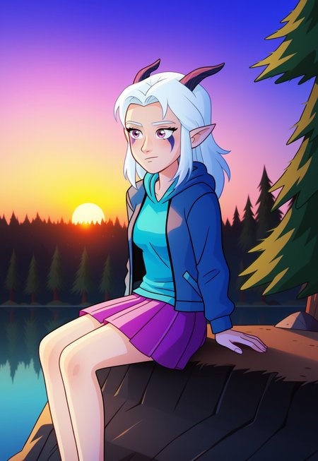 mangamaster, 1girl, solo, Rayla, White Hair, Elf Ears, RayHorns, RayFacepaint, Colored Skin, Four Fingered Hand, grey hoodie, blue shirt, pink skirt, pleated skirt, denim jacket, sunset, sitting on a cliff edge, trees