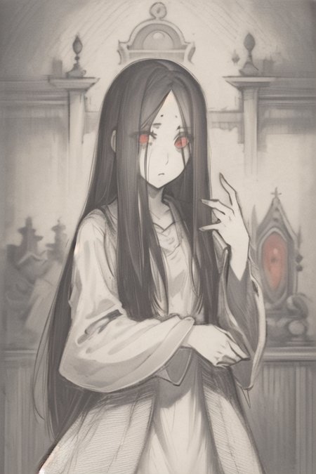 ((masterpiece)),(best quality), absurdres,sadako_yamamura,red eyes, white dress,<lora:Sadakobest:0.8>, <lora:OldengravingsWierix_v10:1>,monochrome,engraving, Hieronymus Wierix,