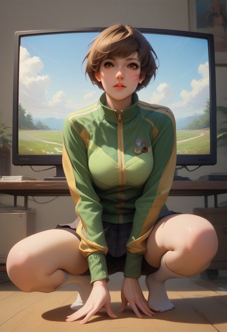 realistic, photorealistic, Expressiveh, score_9, score_8_up, score_7_up, 
chiedef, brown hair, short hair, brown eyes, track jacket, badges, skirt, houndstooth, bike shorts, white socks,
n1nj4 squat, solo, source_anime, 
(Analog television:1.5)