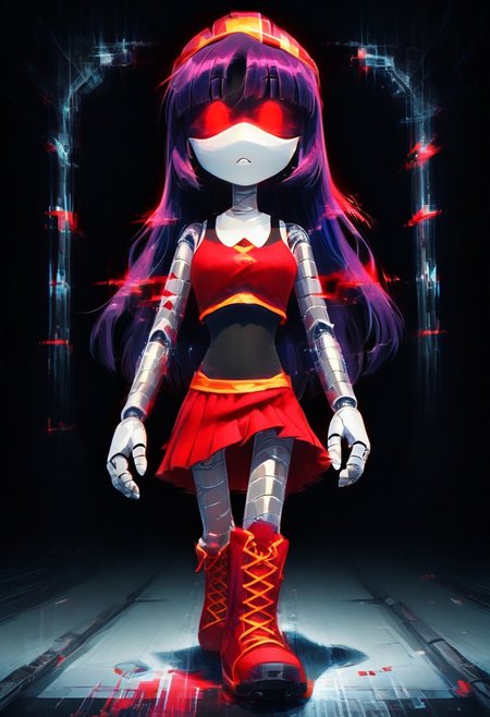 score_9, score_8_up, score_7_up, dark snowy background, (dilapidated industrial structures in background), glitch, flickering, digital, glitch style, r3dgl0w,
BREAK,
wide angle, (from front:1.3), MD-Doll, 1girl, solo, no humans, full body, robot, android, joints, mechanical arms, mechanical legs, long purple hair, (4 fingers:1.3), perfect face, perfect eyes, red eyes, furrowed brow, (noseless:1.3), (red helmet, red crop top, black tank top, red skirt, red boots), (walking towards viewer, using red glitch magic:1.4)