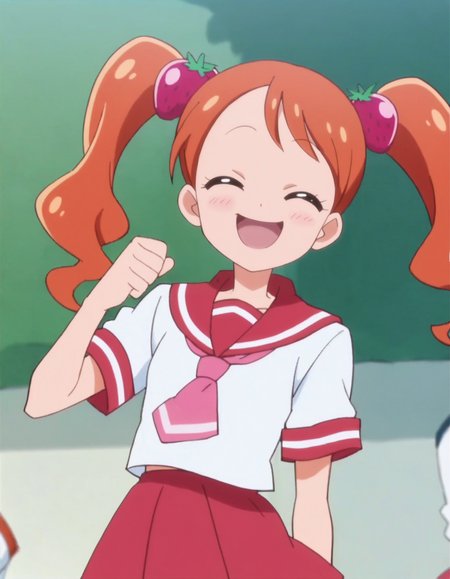 score_9, score_8_up, score_7_up, anime screencap, solo,1girl,usamiichika, school uniform, solo, closed eyes, strawberry hair ornament, open mouth, smile,  hair ornament, serafuku, ^_^, :d, looking at viewer,cowboy shot,small breasts,blush<lora:usamiichika:0.8>