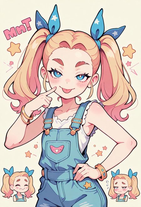 1 girl , solo , blushing , tongue out , closed mouth , bratty smile , thick eyebrow , eyelashes , cute , twintails , winking , star , sleeveless , bracelet , overalls , ribbon , hair ribbon ,
masterpiece, best quality ,amazing quality ,S4bit4mago_illu , Protoneon  ,s0wasow4rt_illu, t1m3r