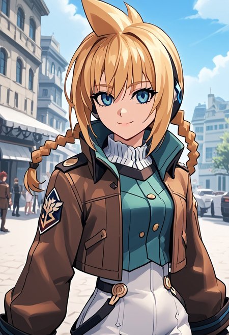 score_4,score_5,score_6,score_7_up,score_8_up,score_9 ((masterpiece,best quality,ultra detailed,highres,HD,4k:1.2)), 
Azure Striker Gunvolt(Main),shining highlights,
1 girl,solo,girl focus,solo focus,upper body,face focus,
blonde hair,long hair,braided ponytail,spiked hair,single braids,blue eyes,
<lora:paradis-military-uniform-ponyxl-lora-nochekaiser:1>, paradis military uniform, belt, cloack, cropped jacket, emblem, green cloak, jacket, long sleeves, pants, shirt, thigh strap, uniform, white pants, white shirt, brown jacket,
outdoors,
smile,light smile,